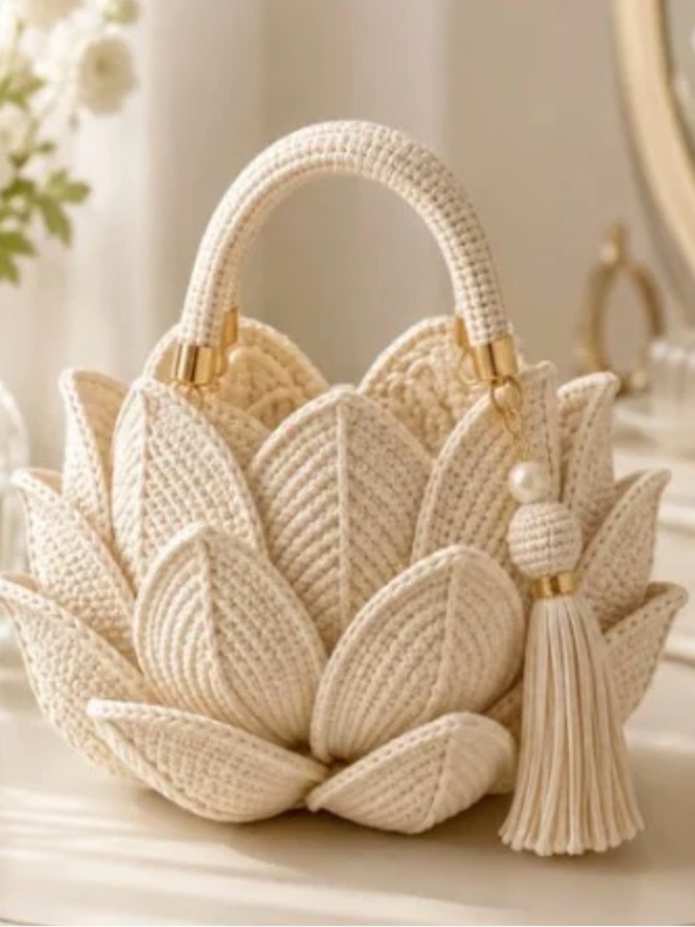 Handcrafted Cream Lotus Crochet Handbag with Tassel